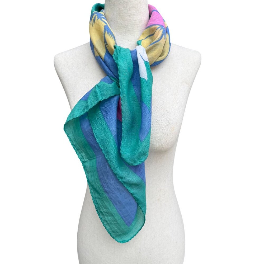 Pic N Save Vintage Hawaiian Square Floral Scarf Bold Yellow Pink‎ Blue Green - Picture 5 of 12